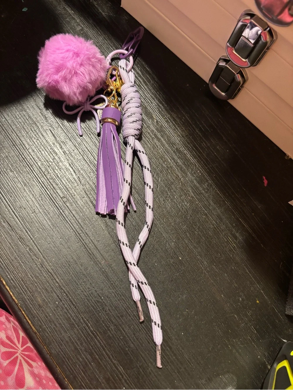 Purple Pom Pom Tassel Bag Charm with Gold Accents